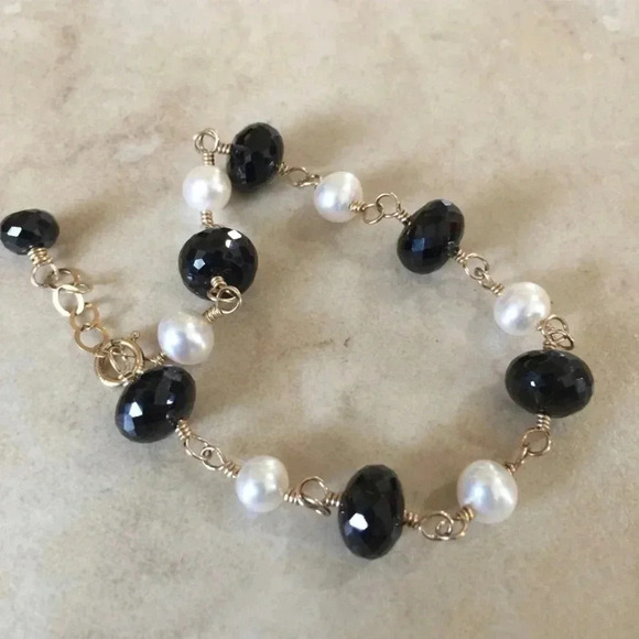 Nature’s Splendour®️LLC Jewelry - Black Spinel,Black And White,Freshwater Pearl,Minimalist Bracelet, June Birthday